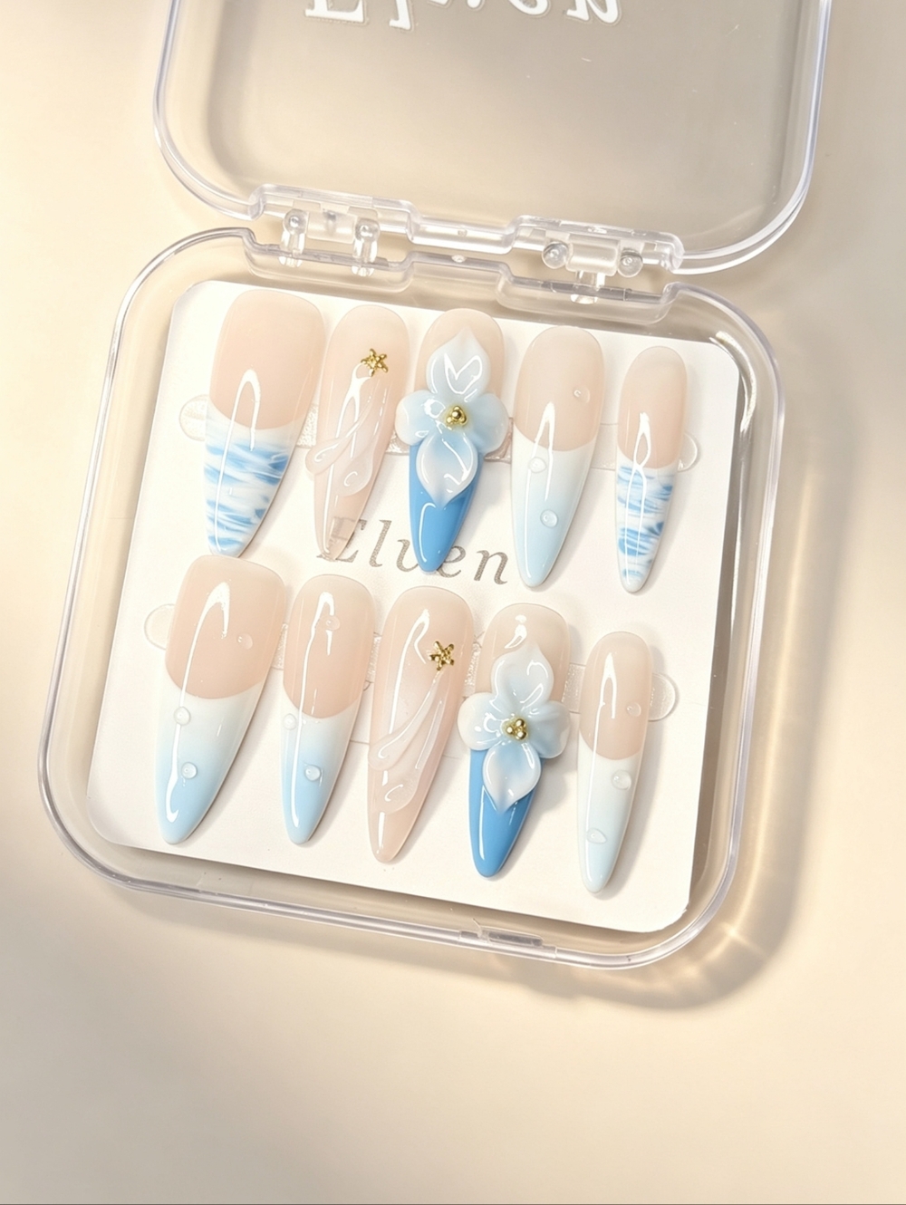 Blue and White Floral Handmade Stiletto Press On Nails Art Set
